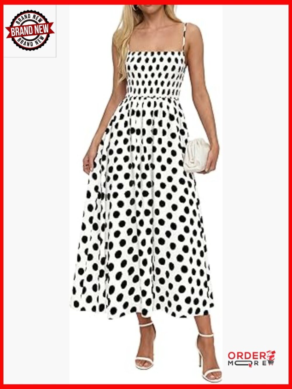 Polka Dot Smocked Midi Dress with Pockets Spaghetti Strap A-Line
